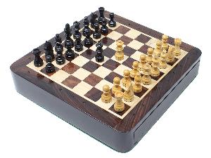 Travel Magnetic Chess Set 7.5" with Storage Drawer & Algebraic Notation - 2 Extra Queens in Rosewood/Maple