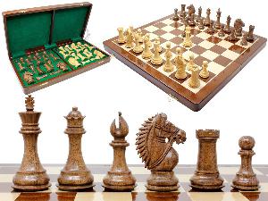 Rio Staunton Biggie Knight Acacia Wood 4"  Chess Set - 21"  Folding Chess Board with Algebraic Notation - 2 Extra Queens