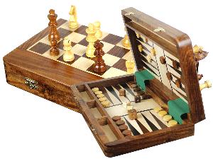 Wood Magnetic Travel Chess Set & Backgammon Combo Folding 12"x7" Wide Bordered Golden Rosewood/Maple
