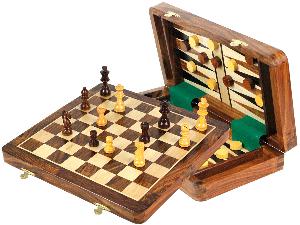 Wood Magnetic Travel Chess Set & Backgammon Combo Folding 12" Golden Rosewood/Maple