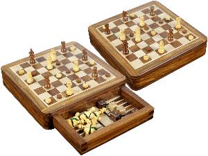 Magnetic Chess Set and Inlaid White Maple Floor Backgammon Combo with Push Drawer 7-1/2" Golden Rosewood/Maple