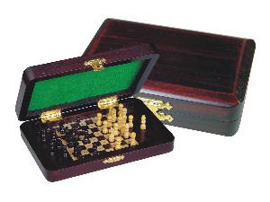 Wood Pegged Chess Set Inlaid Board Inside & Pieces Rosewood/Maple 6"x4"