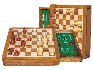 Travel Chess Set Magnetic Push Drawer 10" With Inserts Golden Rosewood/Maple