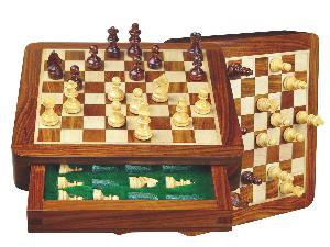 Travel Chess Set Magnetic 7-1/2" with Single Push Drawer Golden Rosewood/Maple