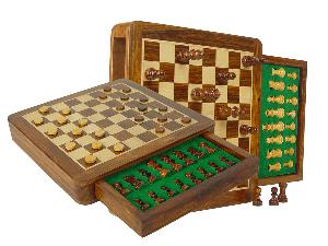 Travel Magnetic Chess Set & Checkers in 10"x10" Flat Drawer Golden Rosewood/Maple