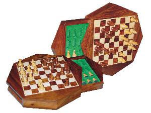 Travel Magnetic Chess Set 9" Octagonal Shape with Drawer Golden Rosewood/Maple