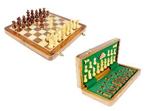 12" Wooden Chess Set Travel Magnetic Folding Board Golden Rosewood + 2 Extra Queens
