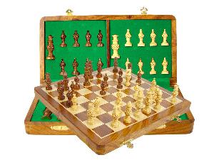 Globe Design Artistic Chess Set 3" & 14" Folding Chess Board Golden Rosewood/Maple