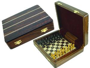 Travel Chess Set Magnetic Board Inside 12"x10" with Ebony Inlaid Wood Top Rosewood/Maple