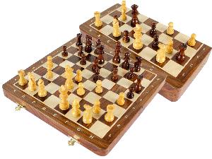Travel Chess Set Magnetic Folding 12" with 2 Extra Queens, Pawns & 4 Extra Knights Golden Rosewood/Maple and Inlaid Algebraic Notations
