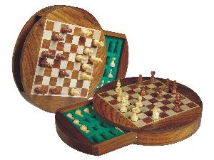 Travel Magnetic Chess Set 9" Round Shape with Drawer Golden Rosewood/Maple