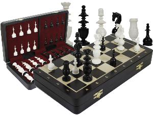 French Regence Camel Bone 4" Chess Pieces & 16" Folding Wenge Wood Board with Inlaid Maple Algebraic Notations