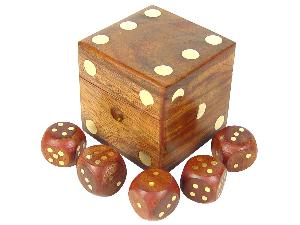 Set of 5 Brass Inlaid Dice and 2-1/2" Dice Box in Golden Rosewood