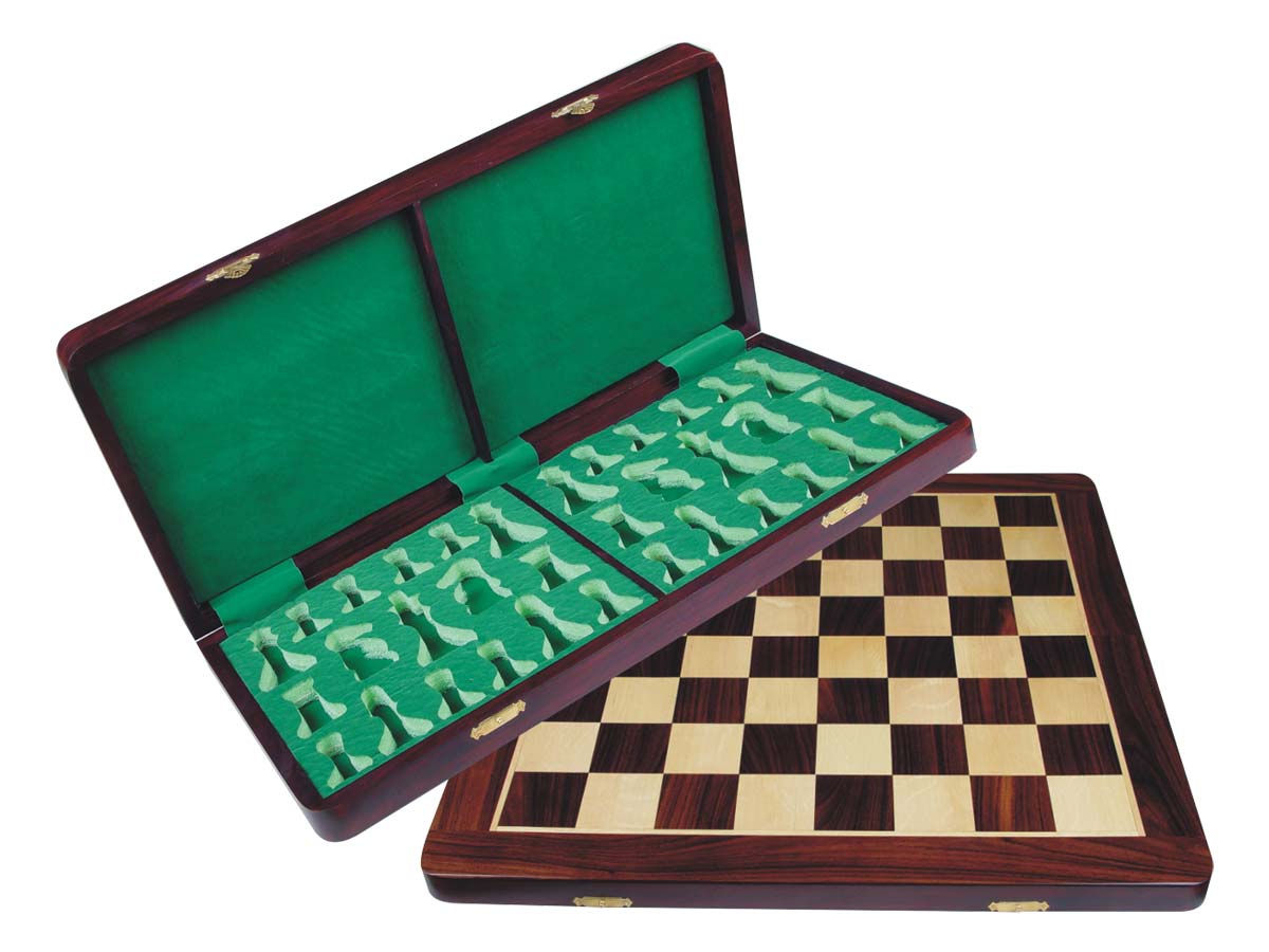 Folding Chess Board/Box Rosewood/Maple 18" with chessmen inserts