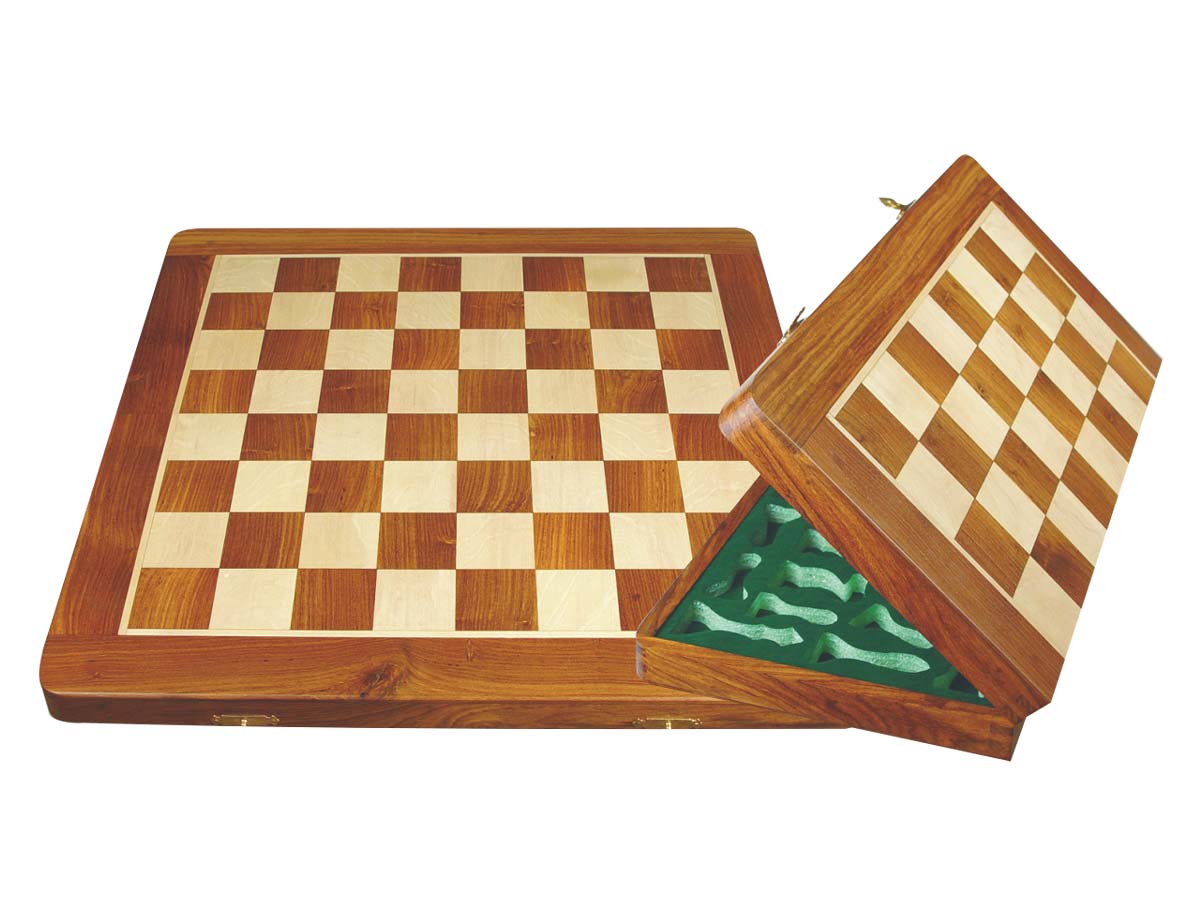 Folding Chess Board/Box Golden Rosewood/Maple 20" with chessmen inserts
