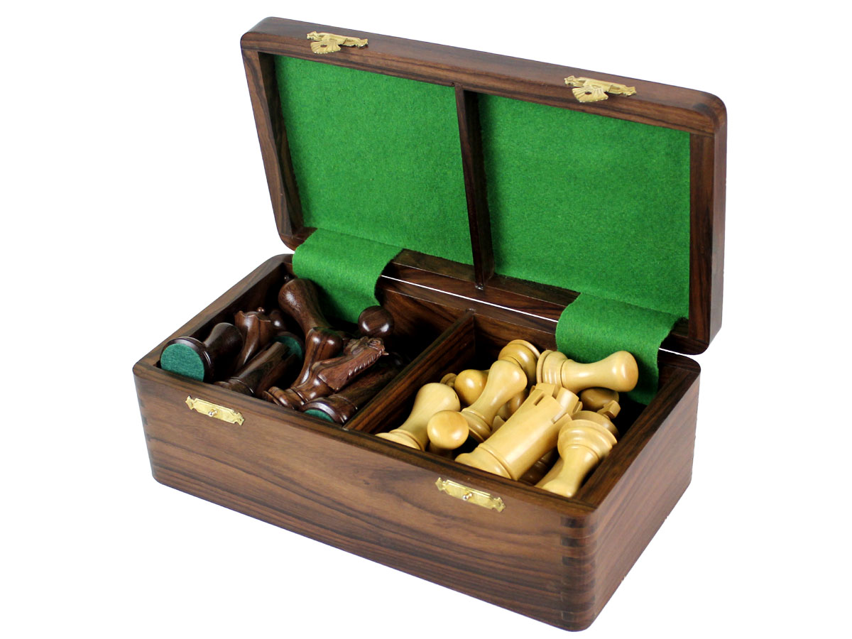 Side view of solid rosewood chess box with pieces inside