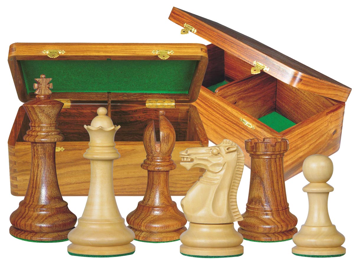 Monarch Staunton Chess Set Pieces 4" & Wooden Hinged Storage Box Golden Rosewood