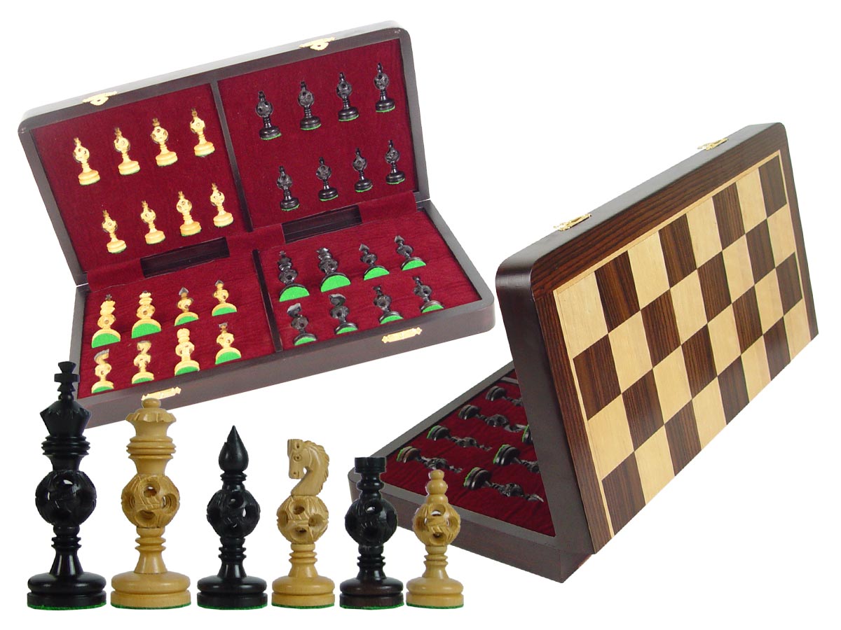 Artistic Chess Set Magic Balls Ebony Pieces 4" & 18" Folding Board/Box Rosewood/Maple