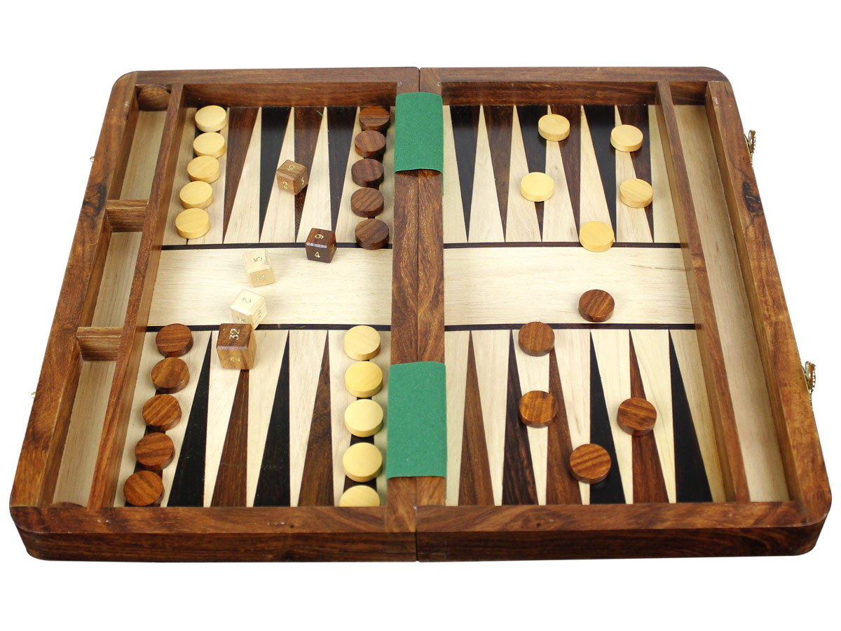 Inlaid Backgammon Board with Checkers and dice
