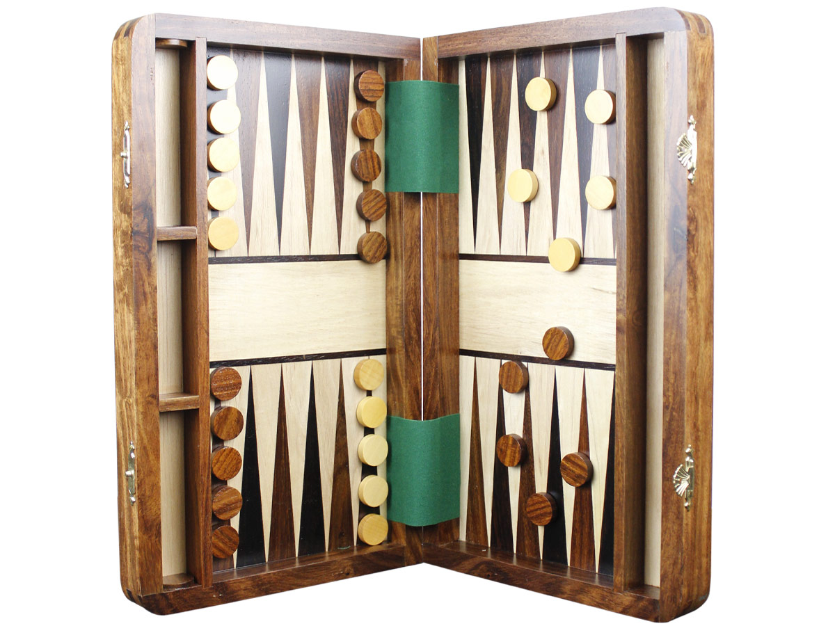 Inlaid magnetic backgammon board with checkers attached