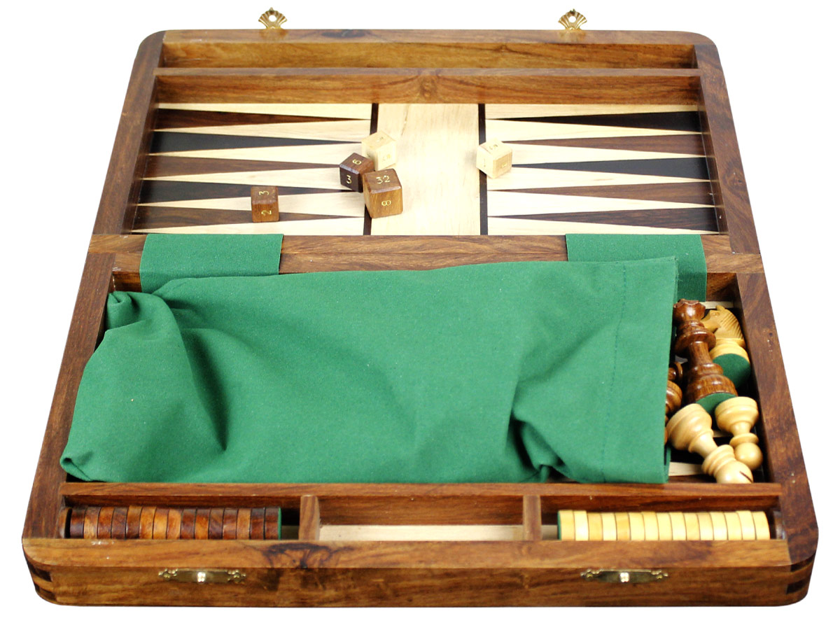 Chess pieces packed in green velvet cloth with checkers in place