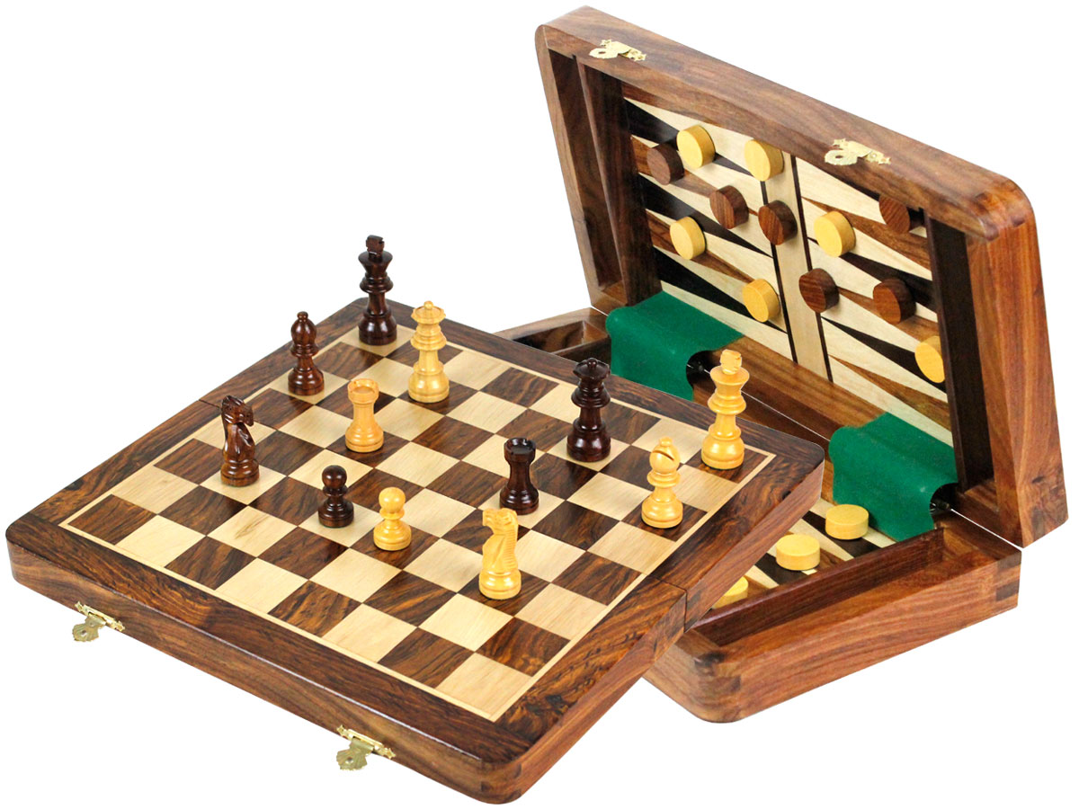 Wood Magnetic Travel Chess Set & Backgammon Combo Folding 12" Golden Rosewood/Maple