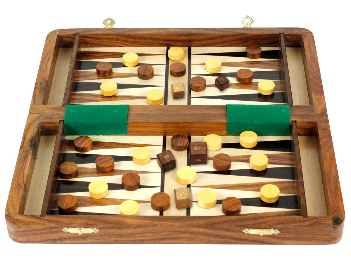 Folding inlaid backgammon with checkers and dice