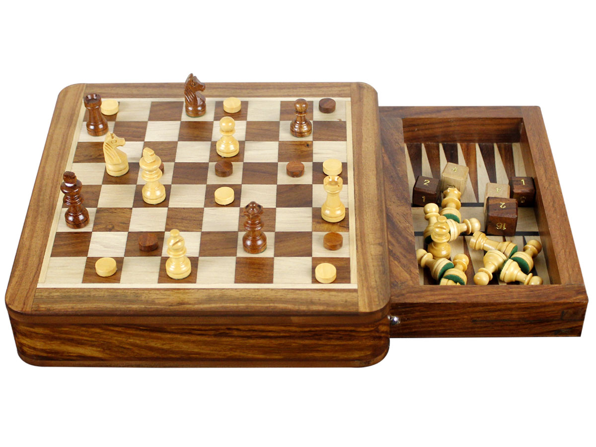 Inlaid backgammon drawer with dices and pieces inside