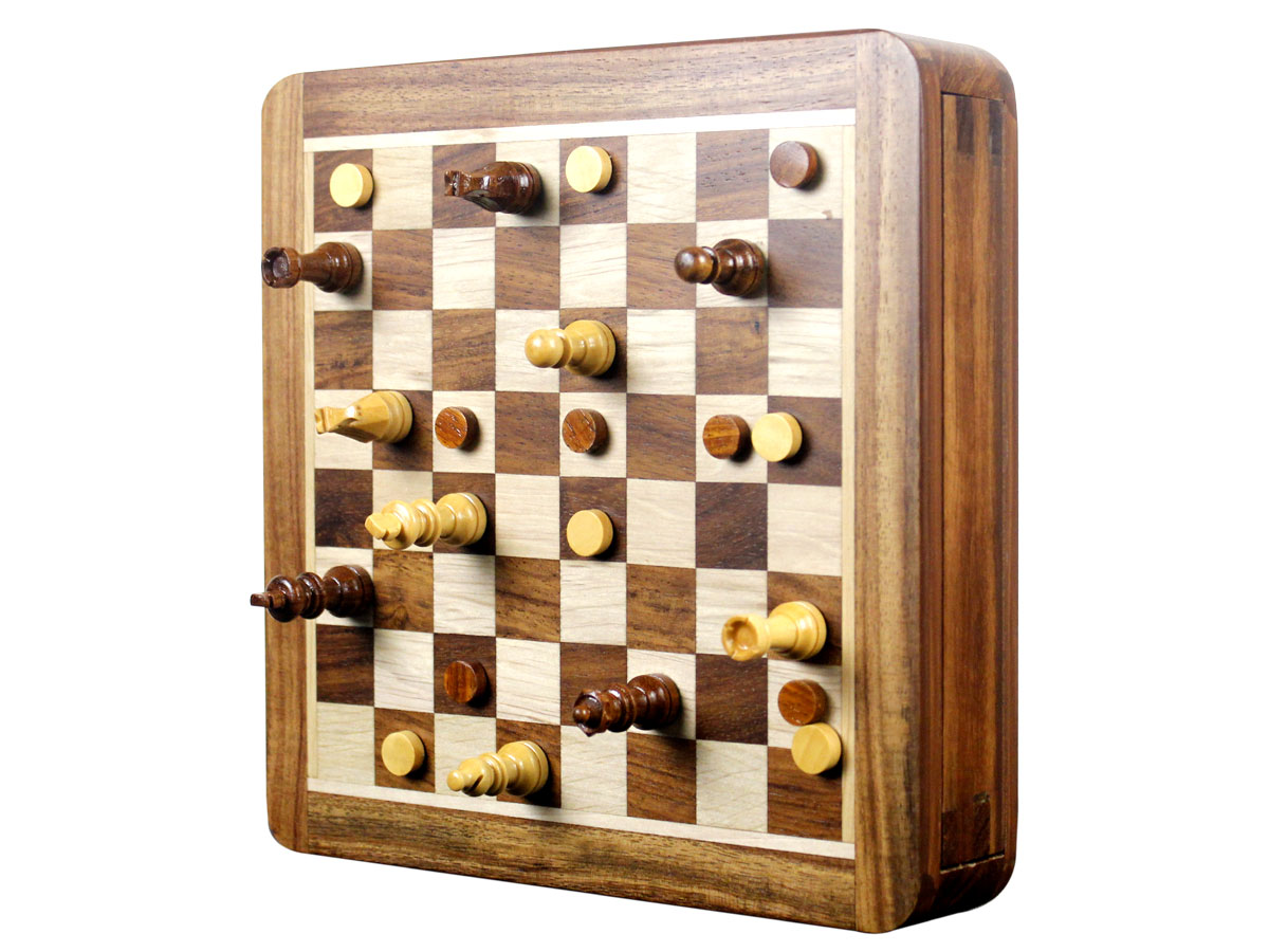 Upright standing view of magnetic chess set