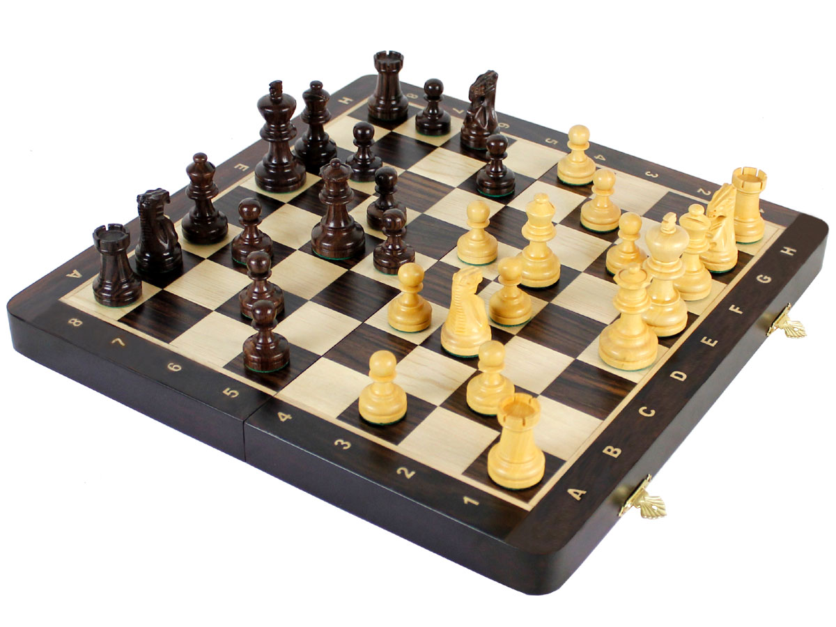 Fully open rosewood chess board with chess pieces