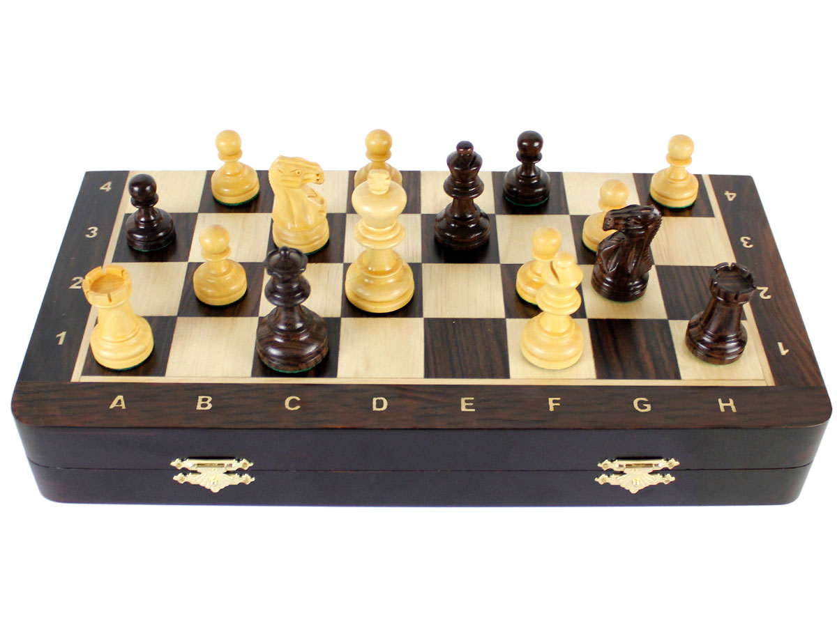 Folded front view of chess board with pieces