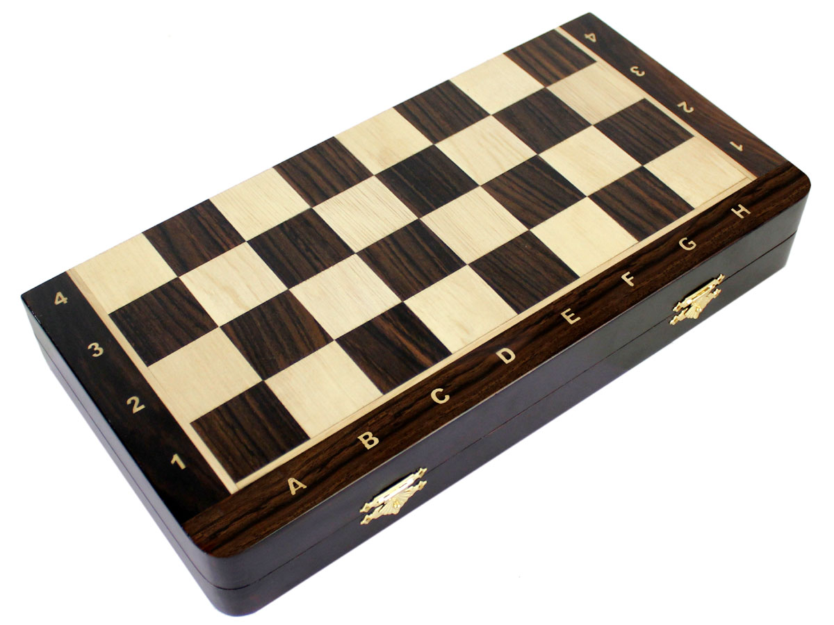 Side view of folded chess board with inlaid notations