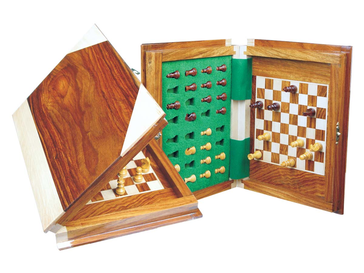 Book Shape Travel Wood Magnetic Chess Set 9"x7" Golden Rosewood/Maple