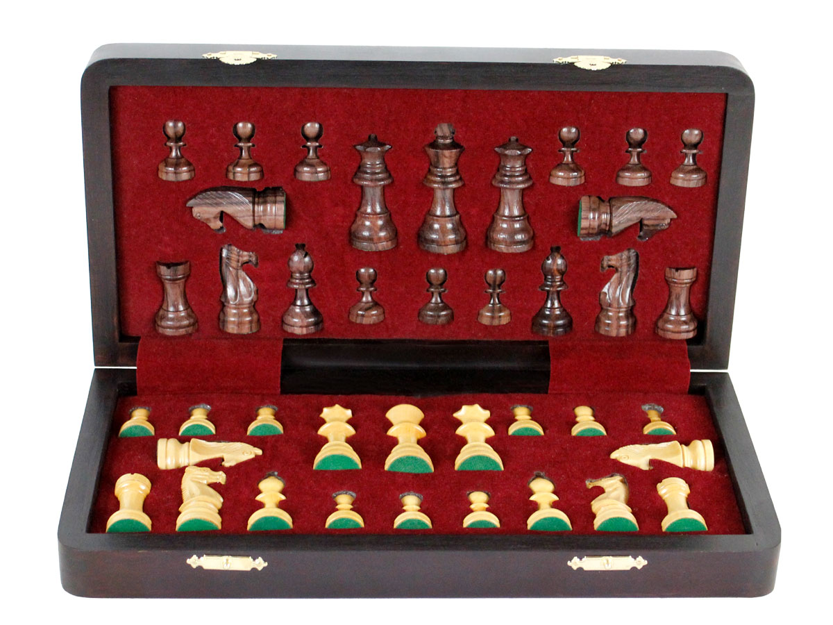Inner view of chess box and pieces in its place