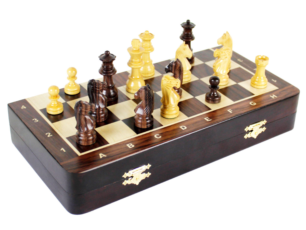 Folded side view of chess board with pieces