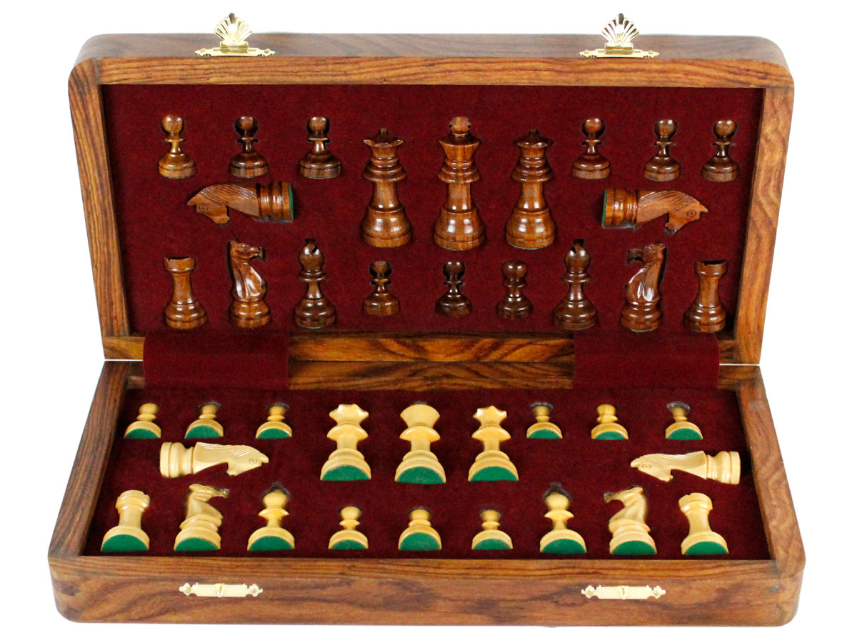 Inner view of chess box and pieces in its place