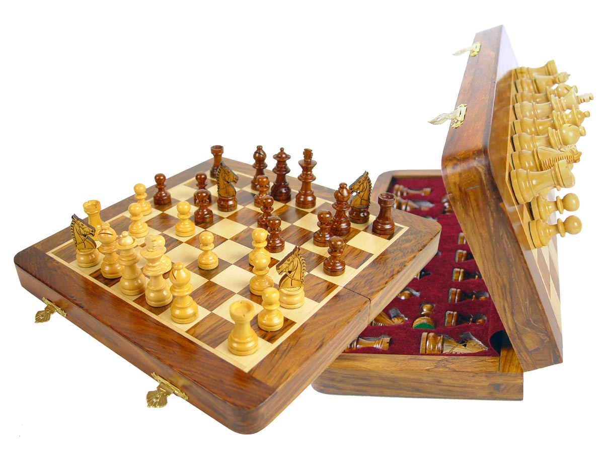 Travel Magnetic Chess Set Folding 10" with 2 Extra Queens, Pawns & 4 Extra Knights Golden Rosewood/Maple