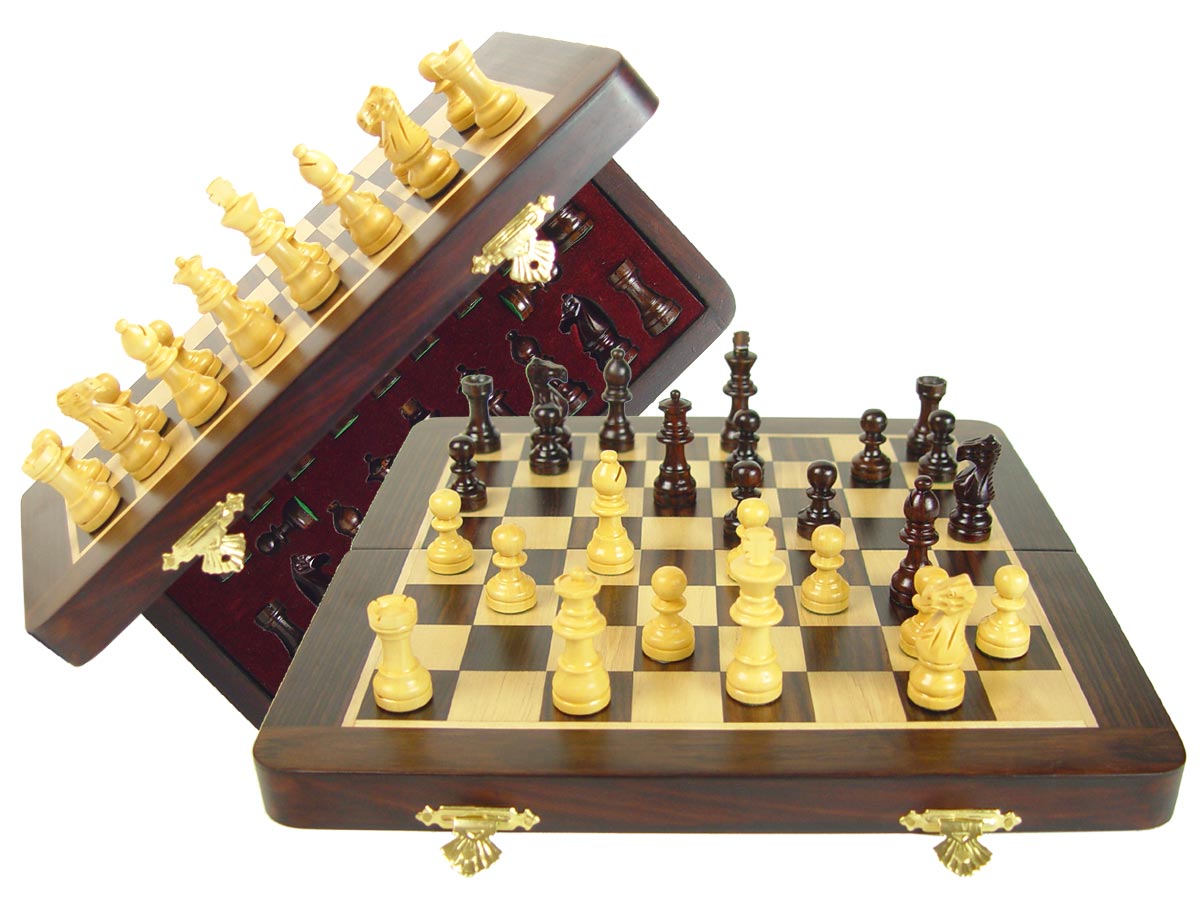Travel Magnetic Chess Set Folding 10" with 2 Extra Queens, Pawns & 4 Extra Knights Rosewood/Maple