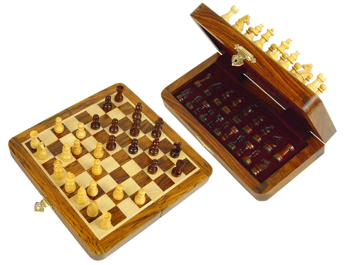 Travel Chess Set Magnetic Folding 7-1/2" with 2 Extra Queens, Pawns & 4 Extra Knights Golden Rosewood/Maple