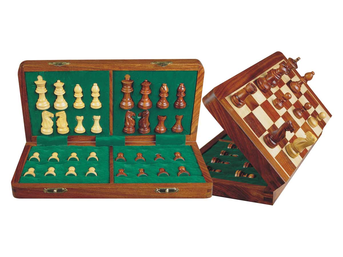 Unique Travel Chess Set Magnetic Folding 14" Golden Rosewood/Maple