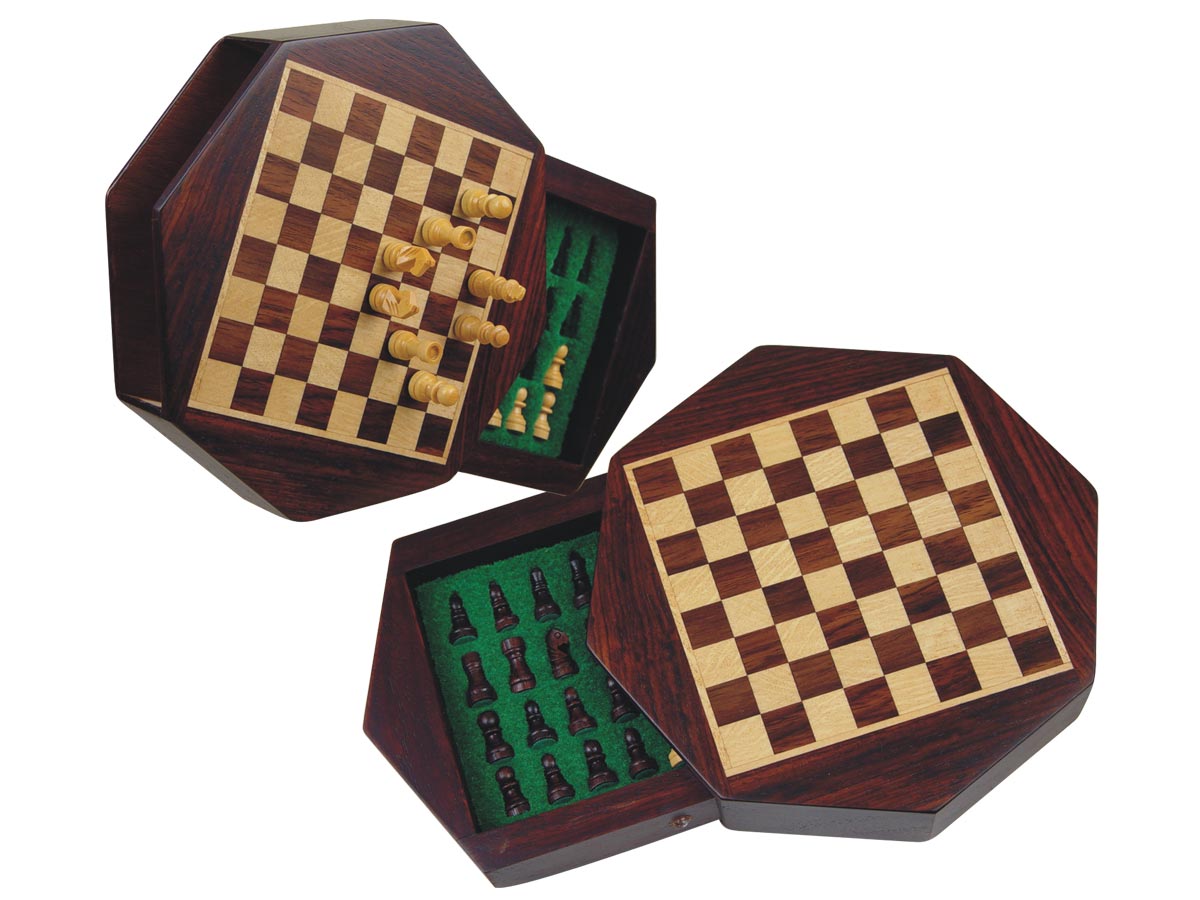 Wood Magnetic Chess Set 6" Octagonal Shape with Drawer Rosewood/Maple