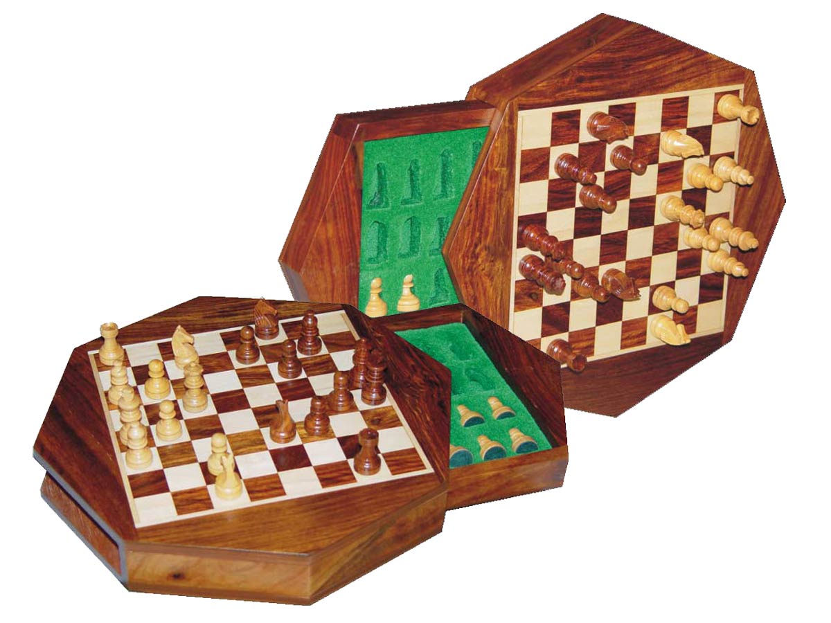 Travel Magnetic Chess Set 9" Octagonal Shape with Drawer Golden Rosewood/Maple