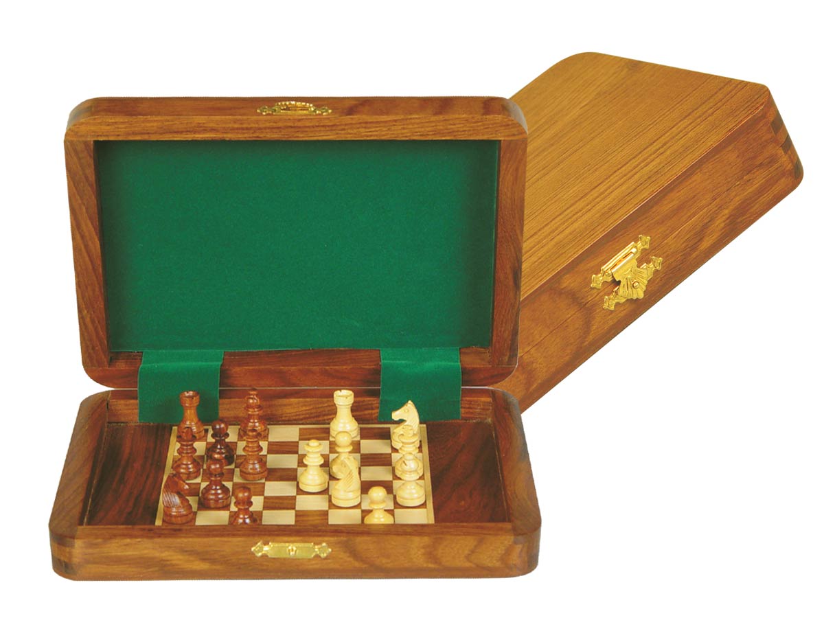 Travel Magnetic Chess Set Board Inside 7"x5" Golden Rosewood/Maple