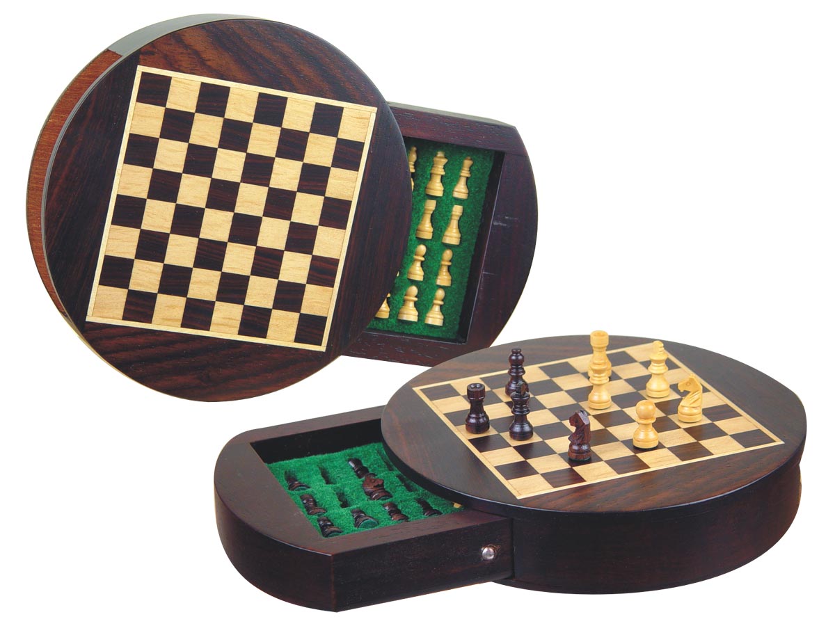 Wood Magnetic Chess Set 6" Round Shape with Drawer Rosewood/Maple