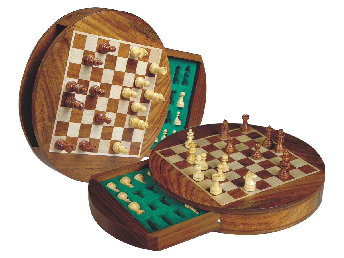 Travel Magnetic Chess Set 9" Round Shape with Drawer Golden Rosewood/Maple