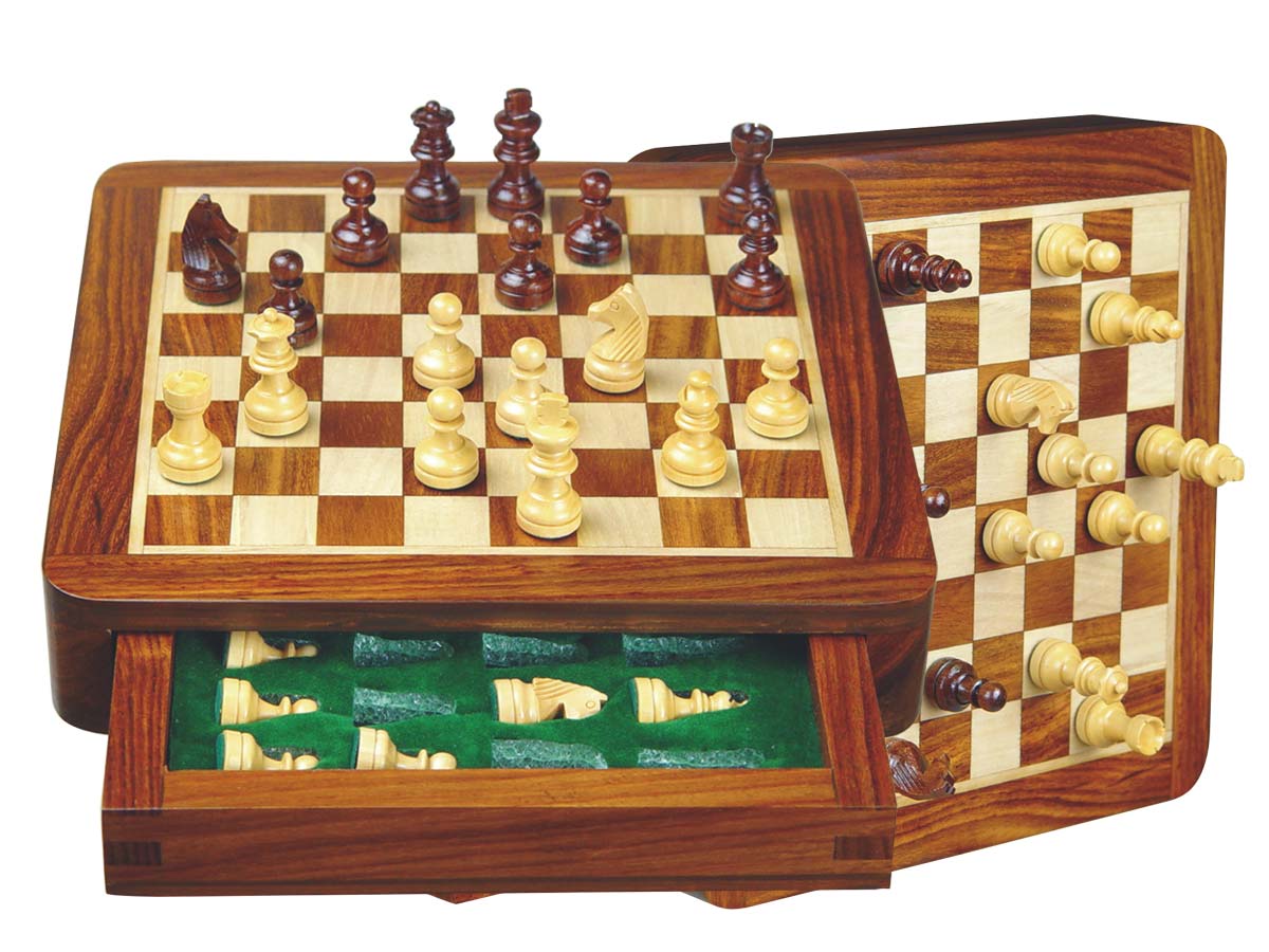 Travel Chess Set Magnetic 7-1/2" with Single Push Drawer Golden Rosewood/Maple
