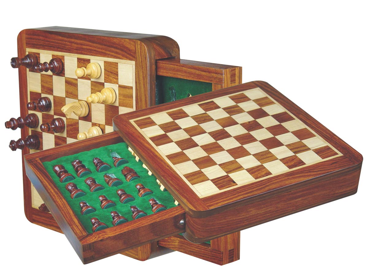 Wood Magnetic Chess Set 6-1/4" with Push Drawer Golden Rosewood/Maple