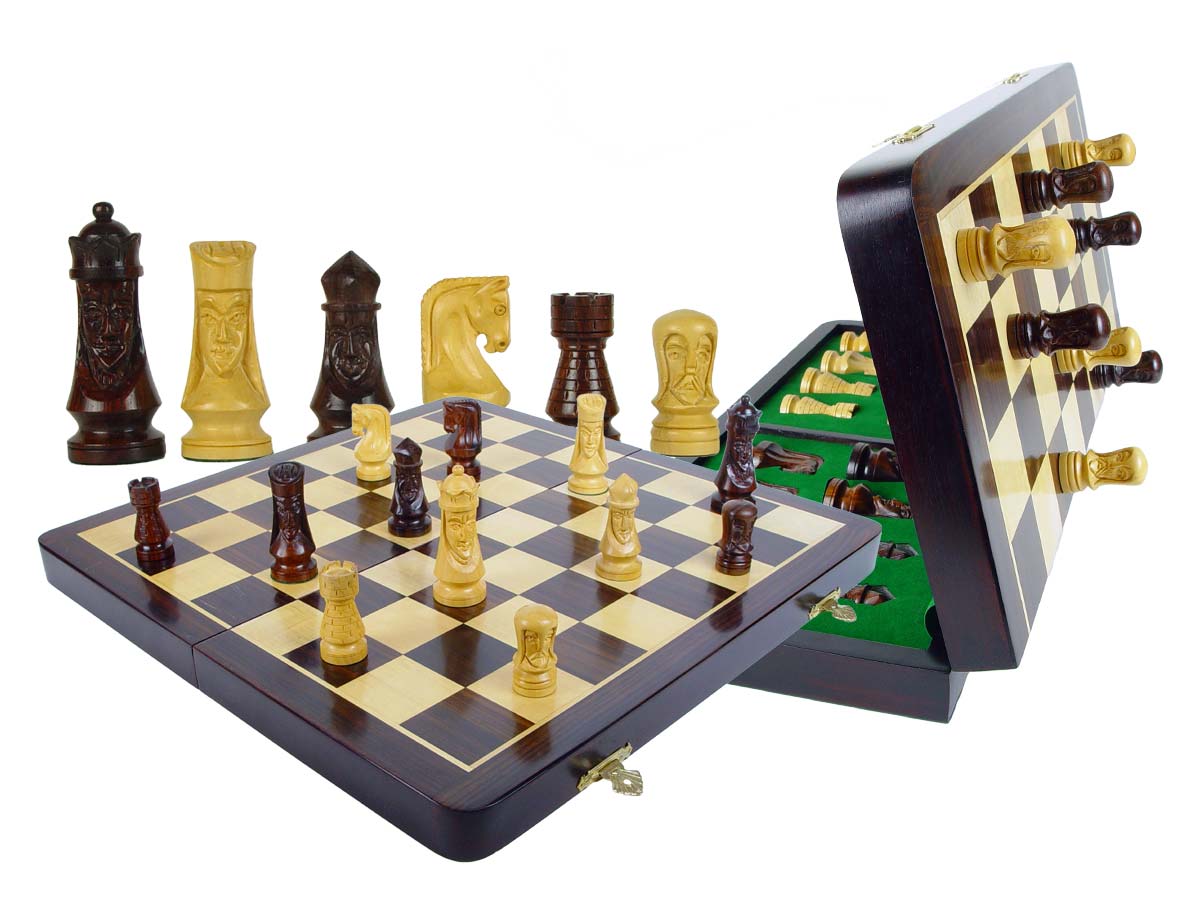 Medieval Design Magnetic Theme Chess Set 3" & 16" Folding Chess Board Rosewood/Maple