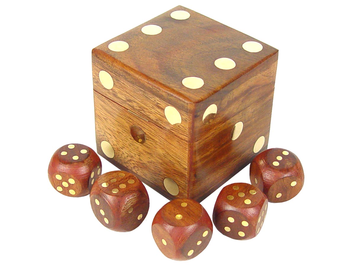 Set of 5 Brass Inlaid Dice and 4" Dice Box in Golden Rosewood