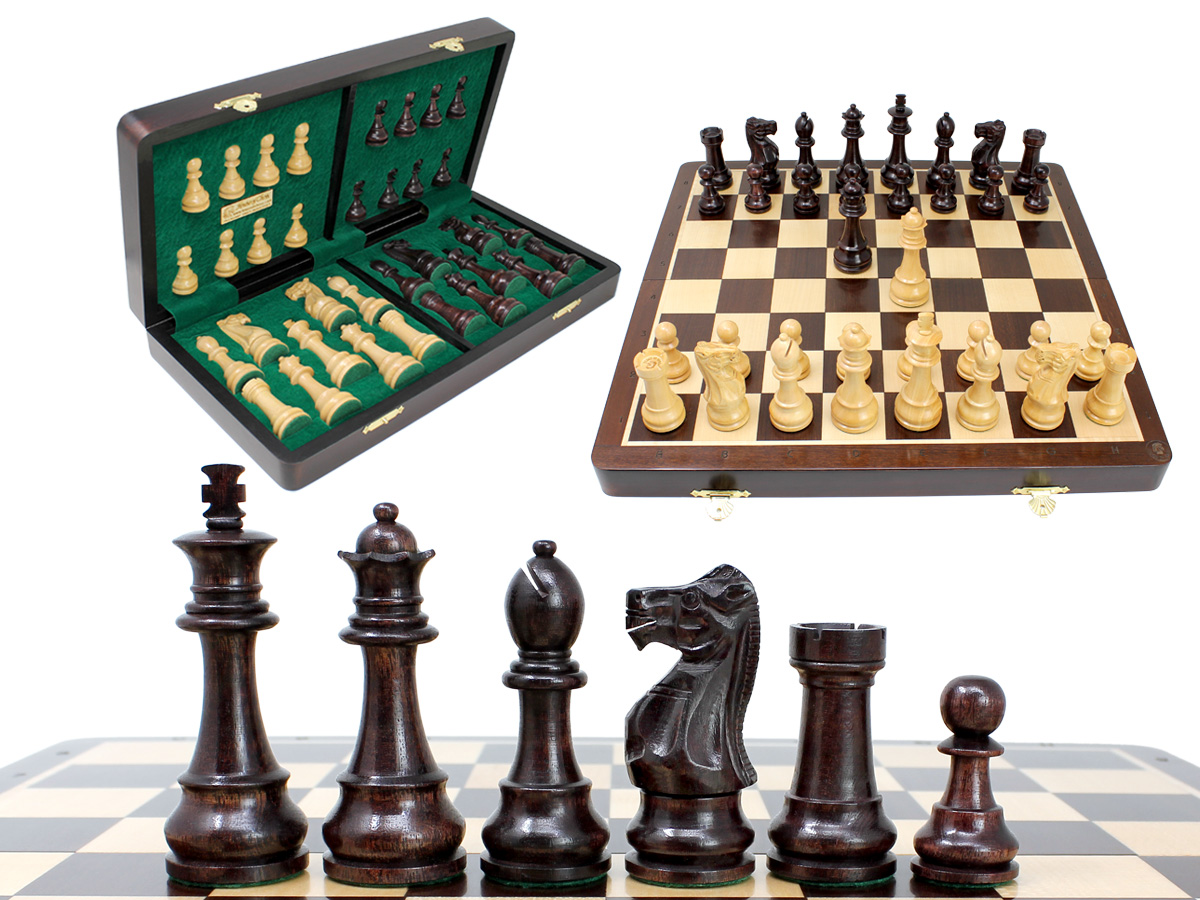 Unique Staunton Ringy Rosewood 3.75" Chess Set - 16" Folding Chess Board with Engraved Algebraic Notation - 2 Extra Queens